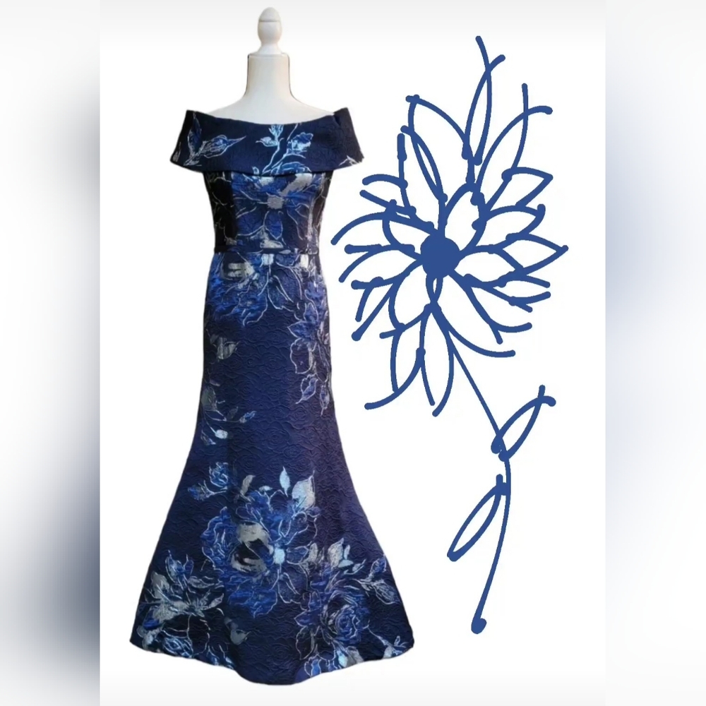 Rickie Freeman for Teri Jon Off Shoulder Metallic Flower Jacquard Gown 6